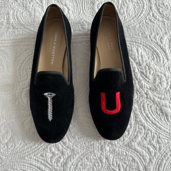 Stubbs & Wootton Screw You (College) Black Velvet Slippers Ladies 7 - Picture 1 of 10